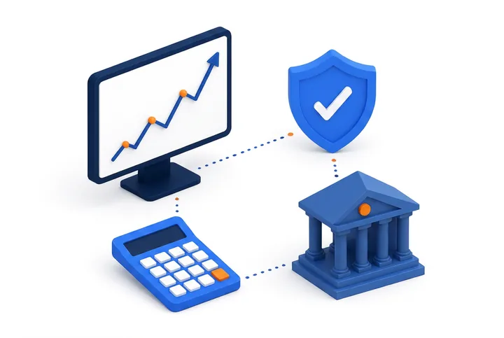 Isometric illustration of a revenue chart, verification shield, calculator and lender building