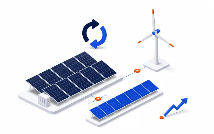 Isometric illustration of a solar array being extended with new panels and a wind turbine