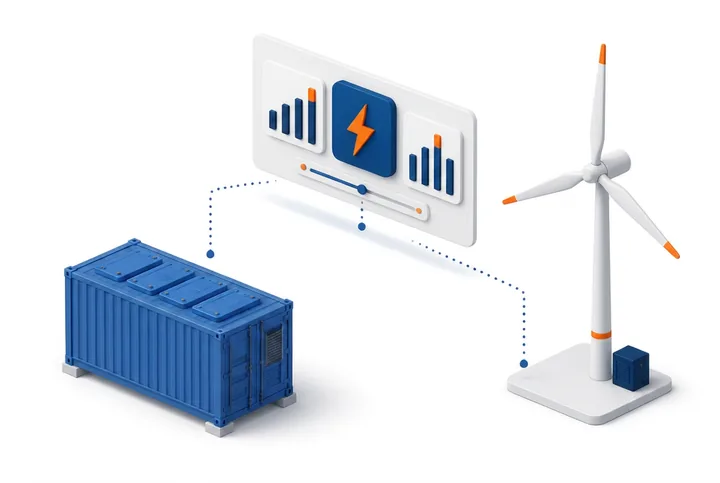 Isometric illustration of a battery container and wind turbine linked to a dispatch control panel