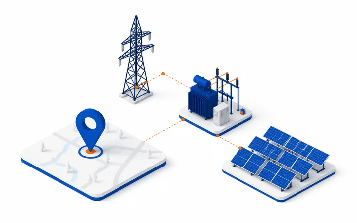 Isometric illustration of a site map pin connected to a pylon, substation and solar array